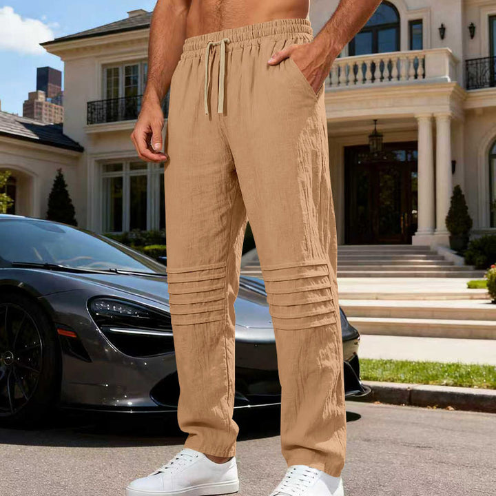 Men's Linen Look Lounge Pants with Drawstring Elastic Waistband and Quilted Knee Panels Mune Fashion