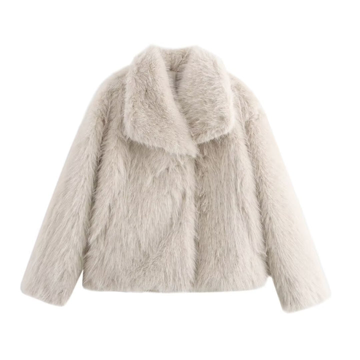 Women short cut boxy faux fur coat with shawl collar Mune Fashion
