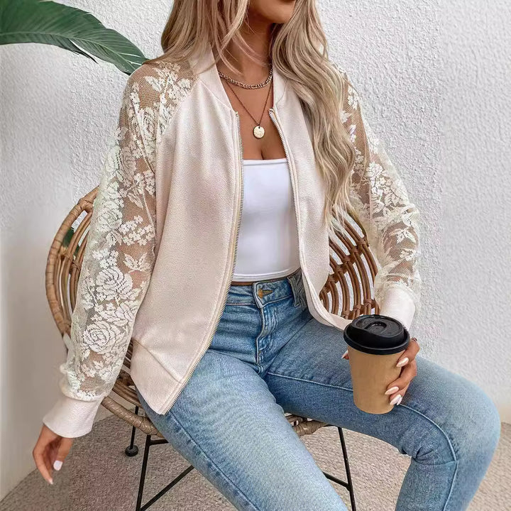 Women's lightweight bomber jacket with floral lace sleeves and zipper Mune Fashion