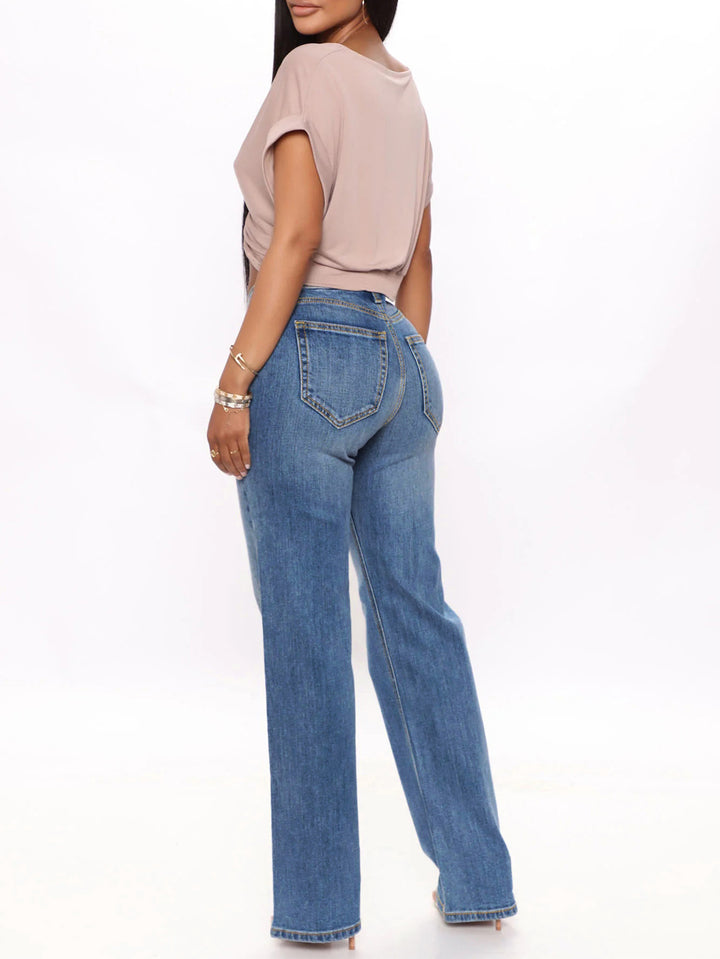 Women's High-Waisted Straight-Leg Jeans in Retro Style with Wide Hem and Five-Pocket Design Mune Fashion