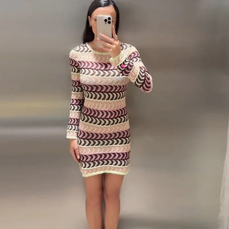 Women's knitted fine-knit mini dress with transparent wave structure pattern and round neckline Mune Fashion