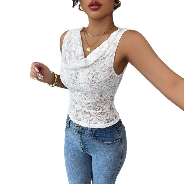 Ladies lace top with waterfall neckline and figure-hugging waistline Mune Fashion