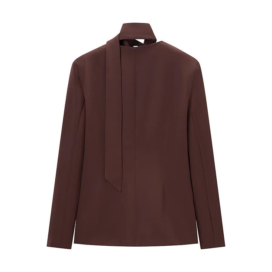 Women's tailored blazer with shawl collar bow and V-neck Mune Fashion