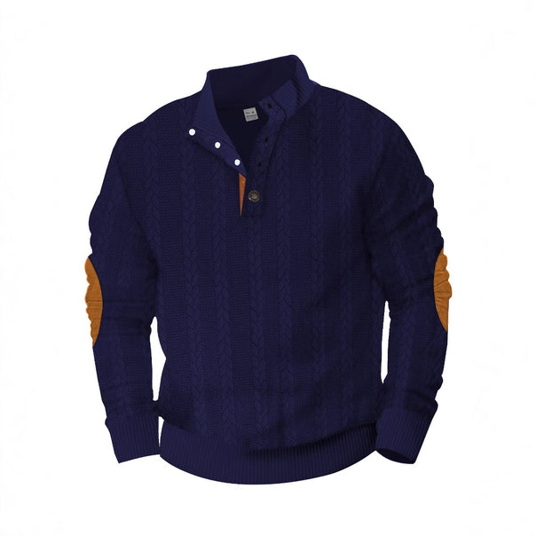 Men's Cable Knit Half Button Sweater with High Stand Collar and Suede Elbow Patches Mune Fashion