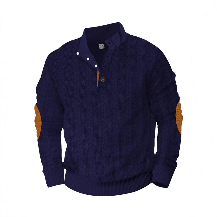 Men's Cable Knit Half Button Sweater with High Stand Collar and Suede Elbow Patches Mune Fashion