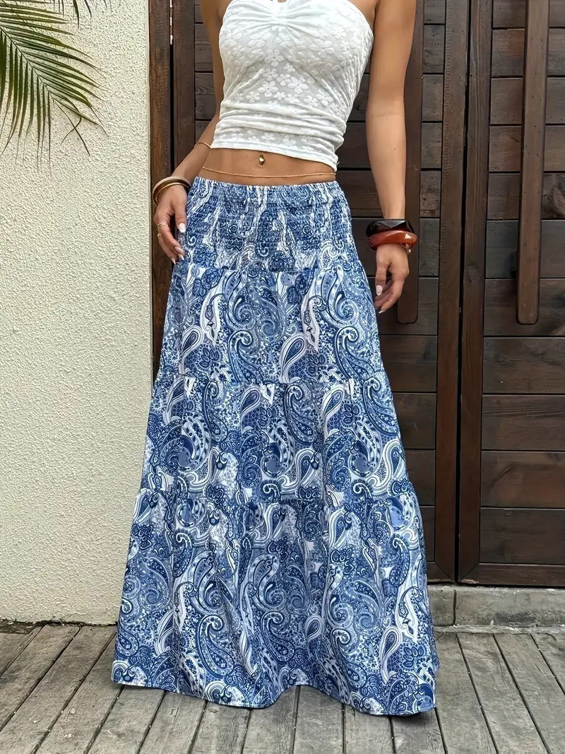 Women’s Maxi Skirt with Smocked Waist and Tiered Ruffle Mune Fashion