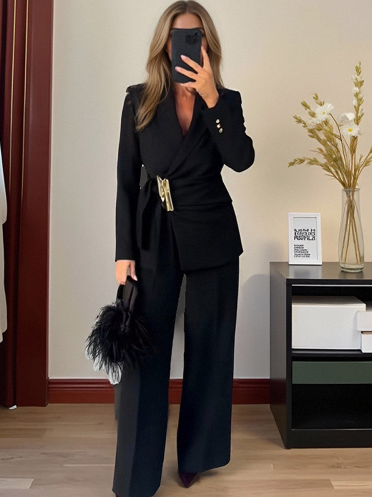 Women's Tailored Wrap Blazer with Decorative Metal Buckle & High-Waist Palazzo Pants Mune Fashion