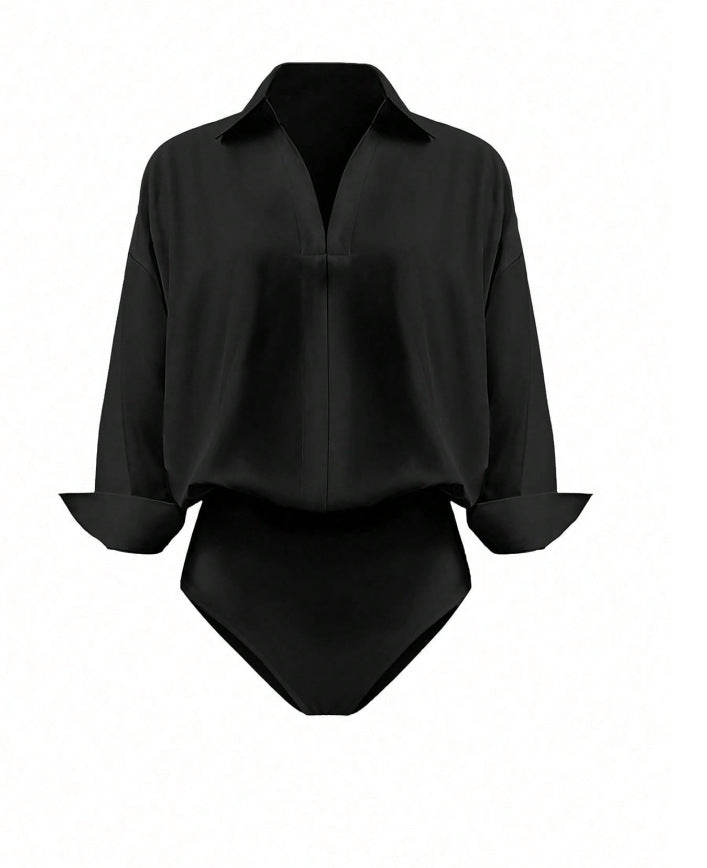 Women Elegant Shirt Blouse Bodysuit with V-Neck, Oversized Cut and Cuff Flaps Mune Fashion