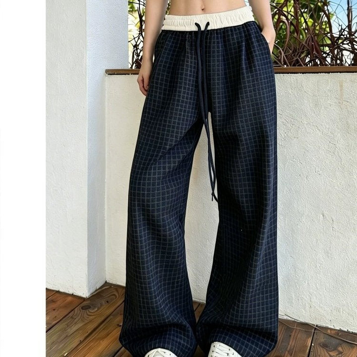 Women's Casual Checkered Pants with Elastic Waistband Mune Fashion