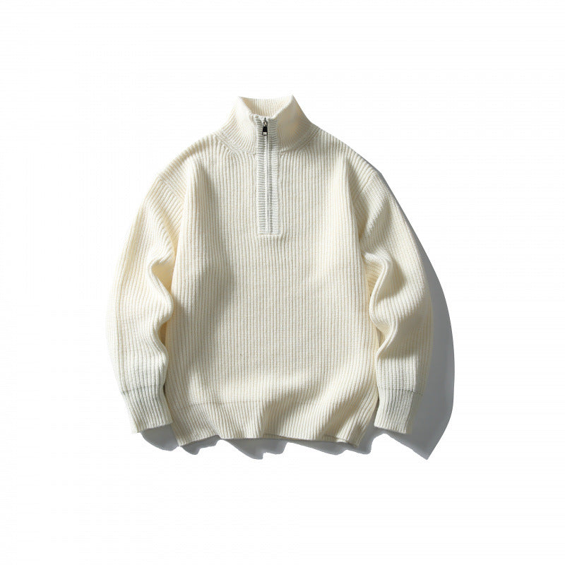 Unisex Structured Half-Zip Knit Sweater with High Stand-Up Collar and Ribbed Rib Knit Mune Fashion