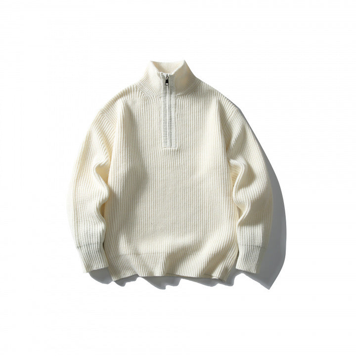 Unisex Structured Half-Zip Knit Sweater with High Stand-Up Collar and Ribbed Rib Knit Mune Fashion