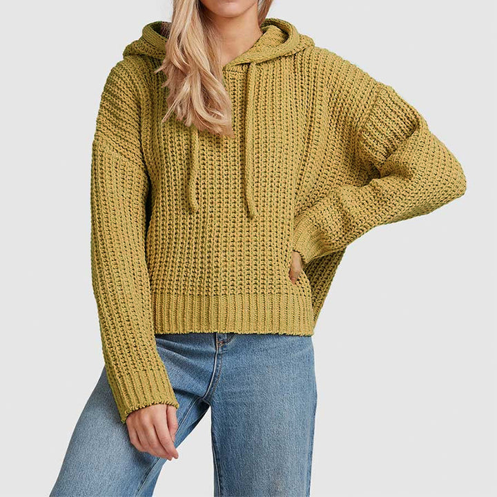 Women's chunky knit hoodie with waffle texture, dropped shoulder and short hem Mune Fashion