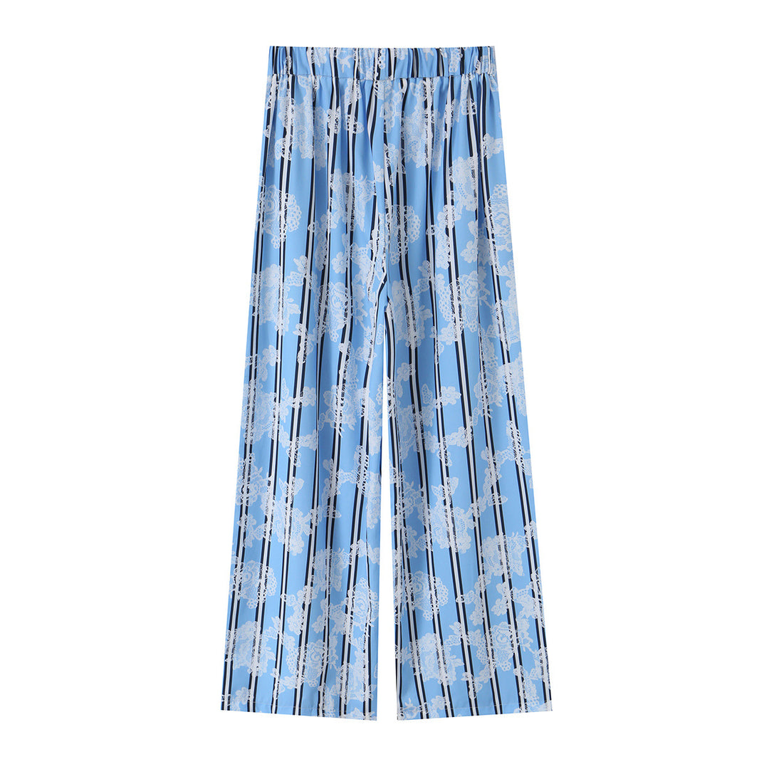 Ladies' wide Palazzo pants with elastic waistband, drawstring, and floral lace look Mune Fashion