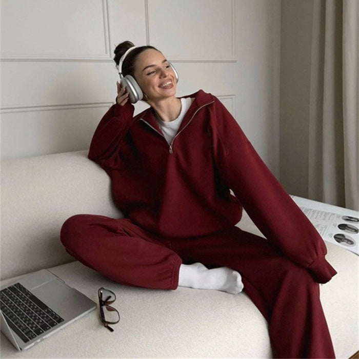 Women Two-Piece Sweatset with Stand-Up Collar Half-Zip and Relaxed Oversized Cut Mune Fashion