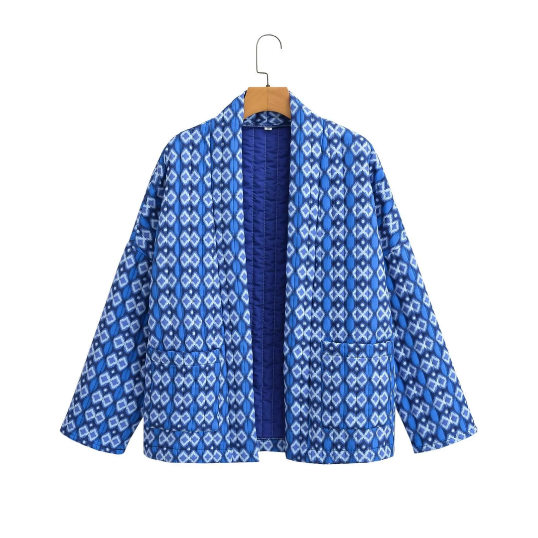 Women's Patterned Kimono Quilted Jacket with Open Front and Patch Pockets Mune Fashion