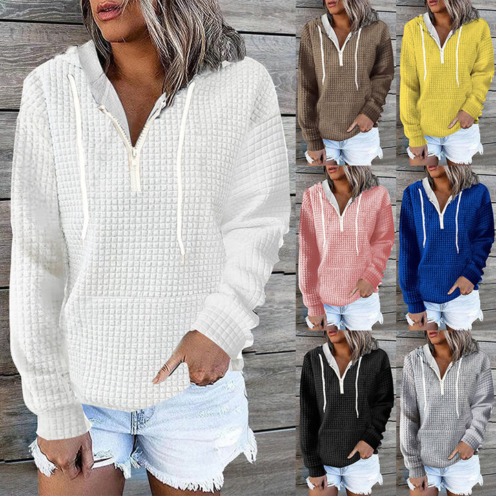 Women's waffle texture hoodie with half zip, kangaroo pocket, and casual oversized cut Mune Fashion