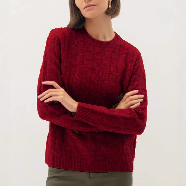 Women’s cable knit sweater in braids with round neckline and sustainably soft wool blend Mune Fashion
