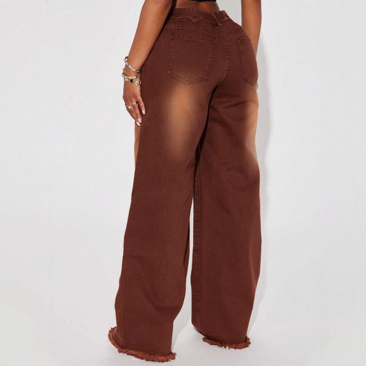 Women wide patchwork jeans with high waist and frayed hem Mune Fashion