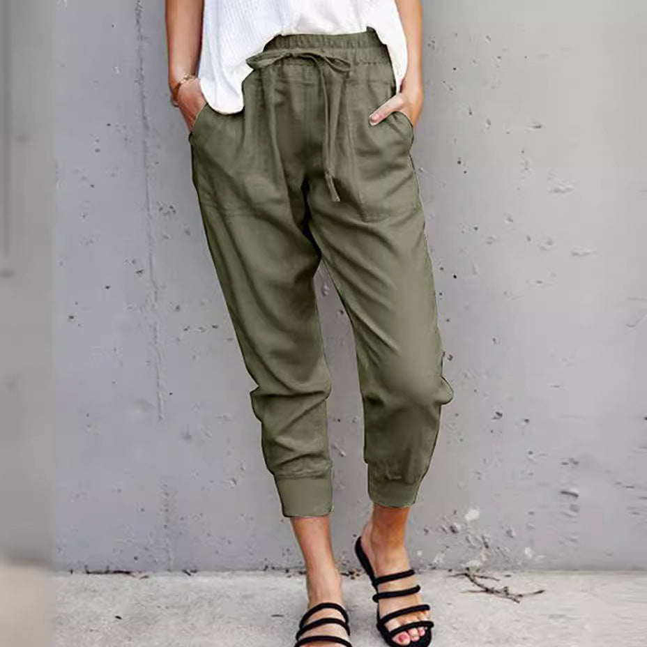 Women's casual tapered linen trousers with elastic waistband and cuffs Mune Fashion