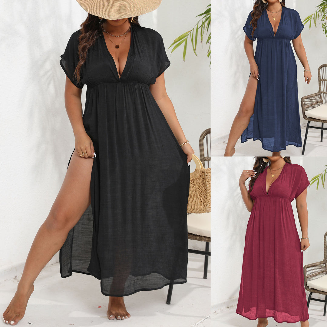 Ladies airy max dress with deep V-neckline and side slits Mune Fashion
