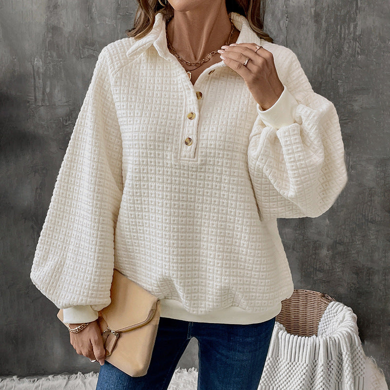 Women's Structured Waffle Knit Sweater with Polo Collar and Decorative Button Placket Mune Fashion