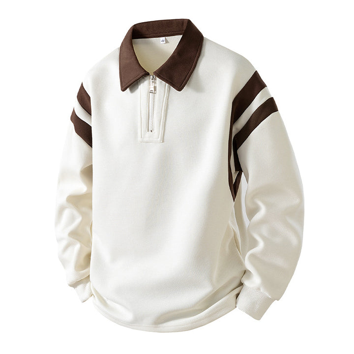Men's Retro Sporty Rugby Pullovers with Half High Zipper and Contrasting Shirt Collar Mune Fashion