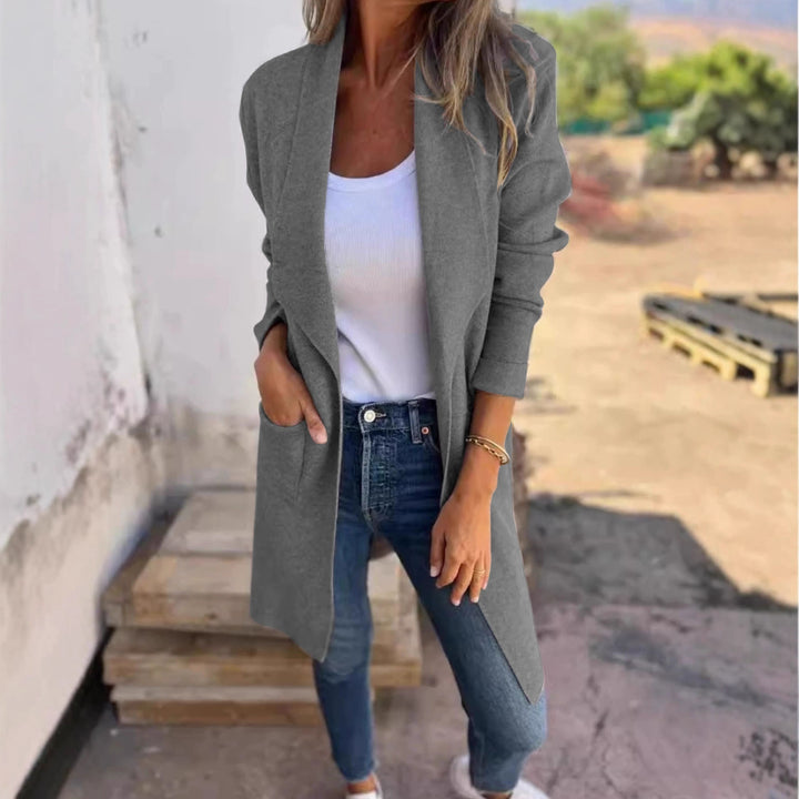 Women Longline Blazer with Shawl Collar, Open Cut and Patch Pockets Mune Fashion
