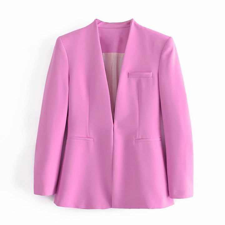 Women Tailored Blazer without Lapels with Open Front and Welt Pockets Mune Fashion