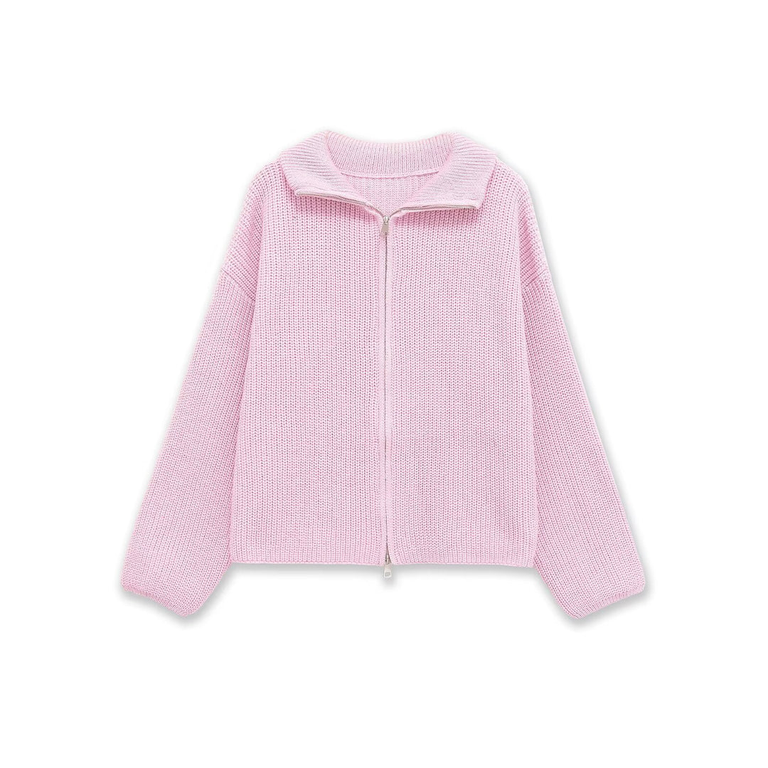 Women's Chunky Knit Zip Cardigan with Stand-up Collar and Oversized Silhouette Mune Fashion