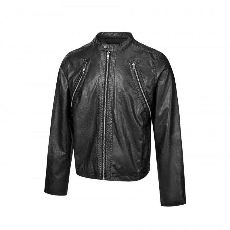 Men's leather jacket in biker style with stand-up collar and diagonal zipper pockets Mune Fashion