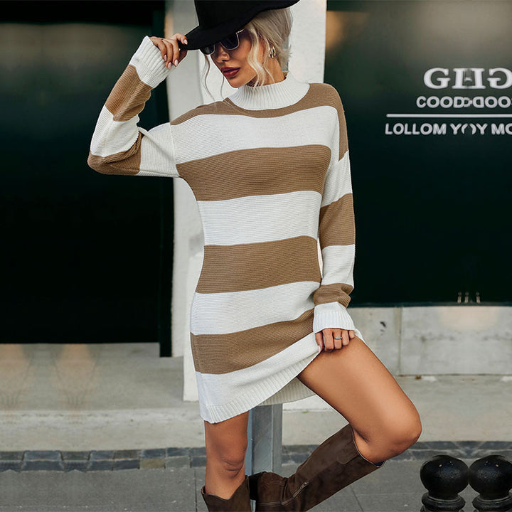 Women Casual Striped Knit Dress with Round Neckline Mune Fashion