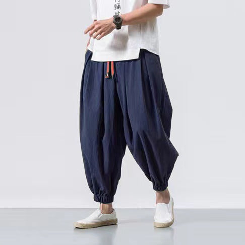 Men's loose harem pants with drawstring, elastic cuffs, and light cotton-linen blend Mune Fashion