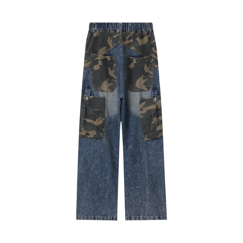 Women Wide High-Waist Denim Cargo Pants with Camouflage Inserts Mune Fashion