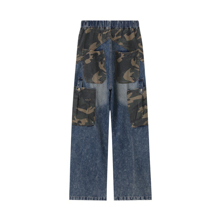 Women Wide High-Waist Denim Cargo Pants with Camouflage Inserts Mune Fashion