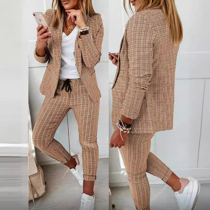Ladies two-piece checked pattern business-casual blazer set with elastic waistband pants Mune Fashion