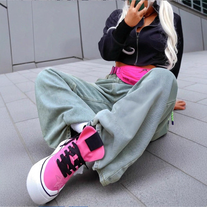 Women wide High-Waist Baggy Jeans with deep crotch and vintage wash Mune Fashion