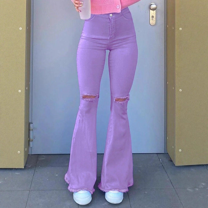 Women High-Rise Stretch Flared Jeans with Knee Rips, Flared Leg and Raw Hem Mune Fashion