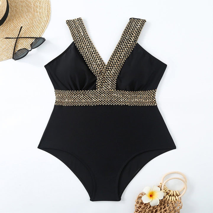 Women's One-Piece Swimsuit with V-Neck and Gold Accent Mune Fashion