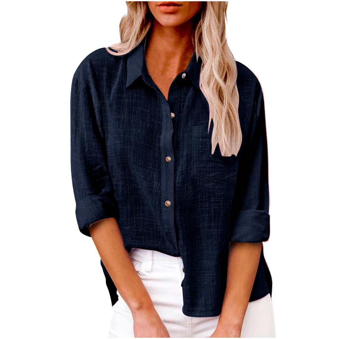 Women's oversized linen-cotton blend shirt blouse with breast pocket and roll-up sleeves Mune Fashion