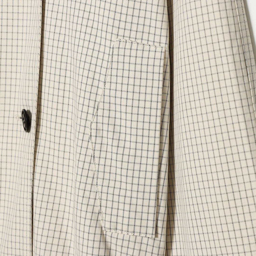 Women's Cropped Short Trench Coat with Wide Shawl Collar, Checkered Grid Print and Elastic Hem