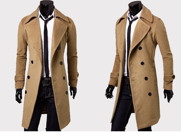 Men's tailored double-breasted trench coat made of wool blend with classic lapels and back vent Mune Fashion