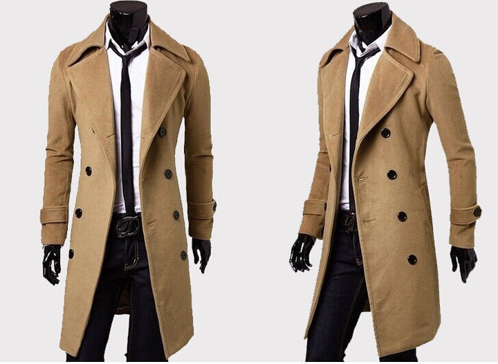 Men's tailored double-breasted trench coat made of wool blend with classic lapels and back vent Mune Fashion