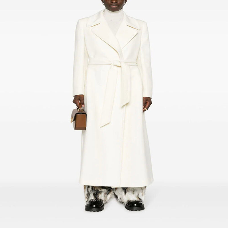 Women’s Maxi-length tailored wool blend coat with belt and wide lapels Mune Fashion
