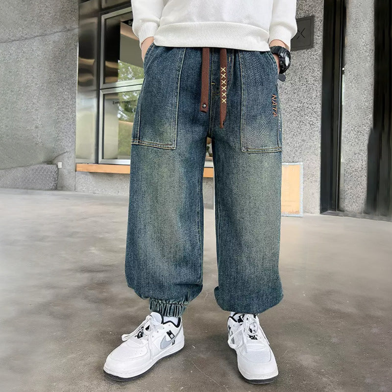 Unisex wide denim pants with elastic cuffs and large pockets Mune Fashion