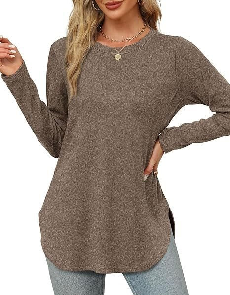 Women's Casual Long Sleeve Tunic Top with Round Neck, Side Slits and Watercolor Leaf Print Mune Fashion