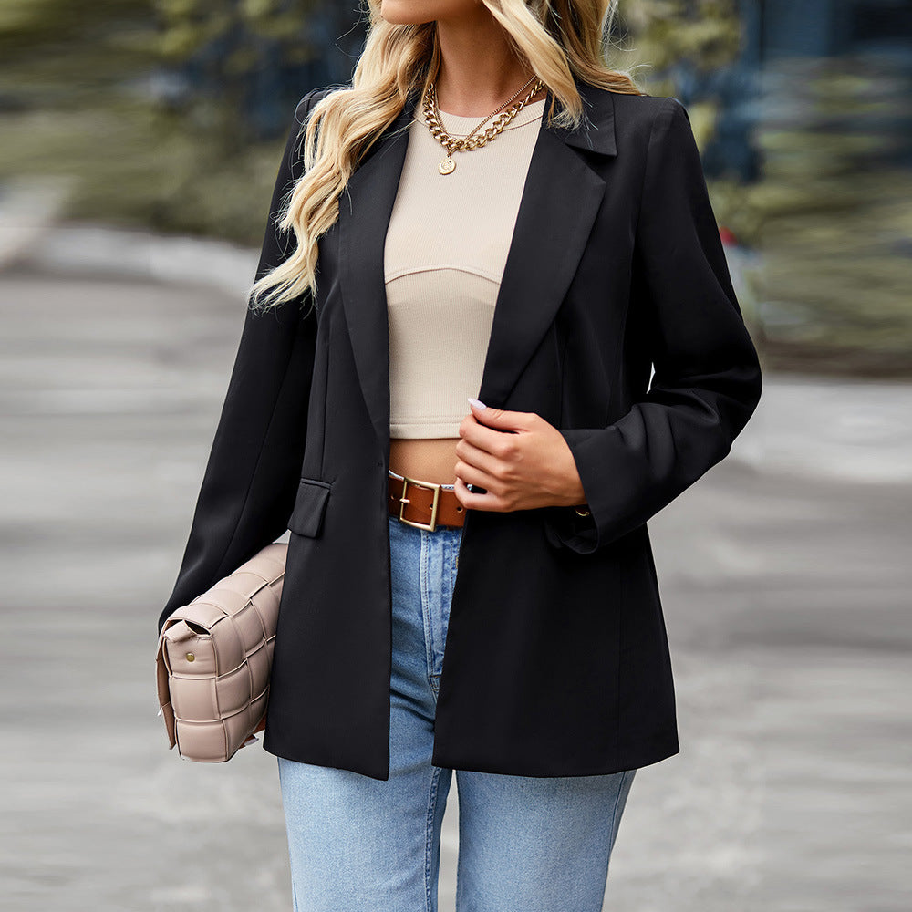 Women’s casual long blazer with one-button closure, patch pockets, and relaxed silhouette Mune Fashion