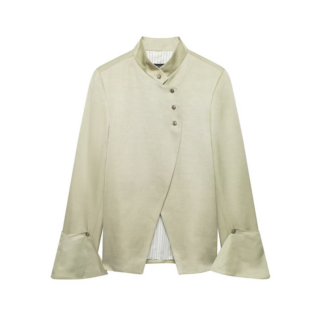 Women Asymmetric Jacket with Stand Collar and Bell Sleeves Mune Fashion