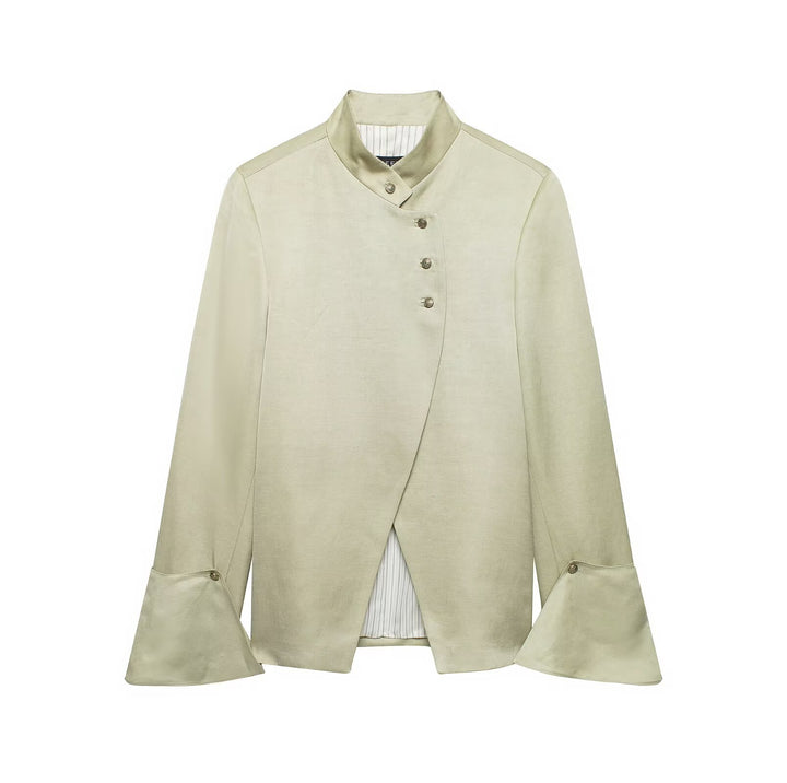 Women Asymmetric Jacket with Stand Collar and Bell Sleeves Mune Fashion