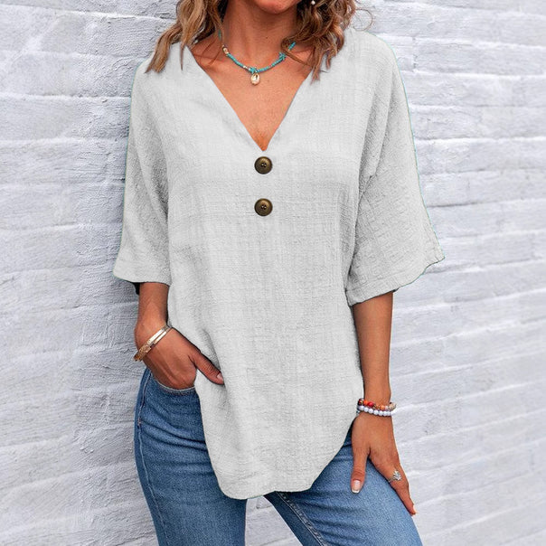 Women V-Neck Blouse with Button Details Mune Fashion