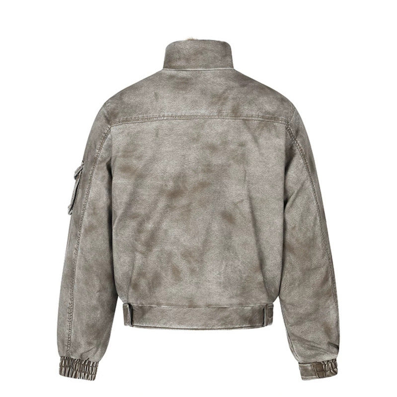Men's padded pilot jacket in bomber style with high collar, faux fur trim, and waist belt Mune Fashion